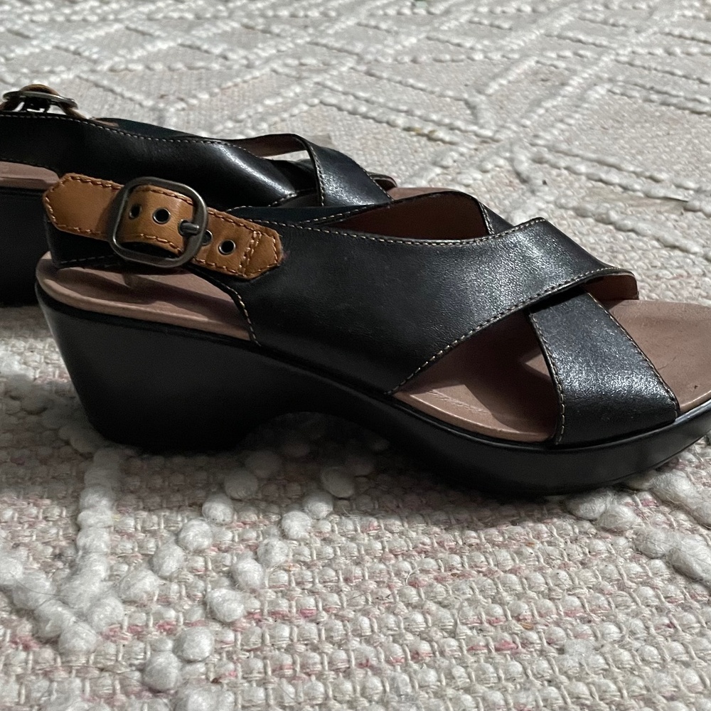 DANSKO Jacinda Black/Dk Brown Leather Slingback Wedge Sandals 10 NEW